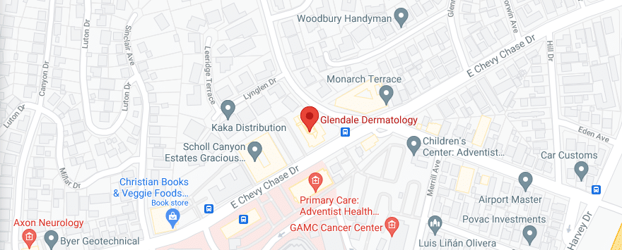 Street map of East Chevy Chase Drive in Glendale with a red pin on Glendale Dermatology, across from the Adventist Health buildings